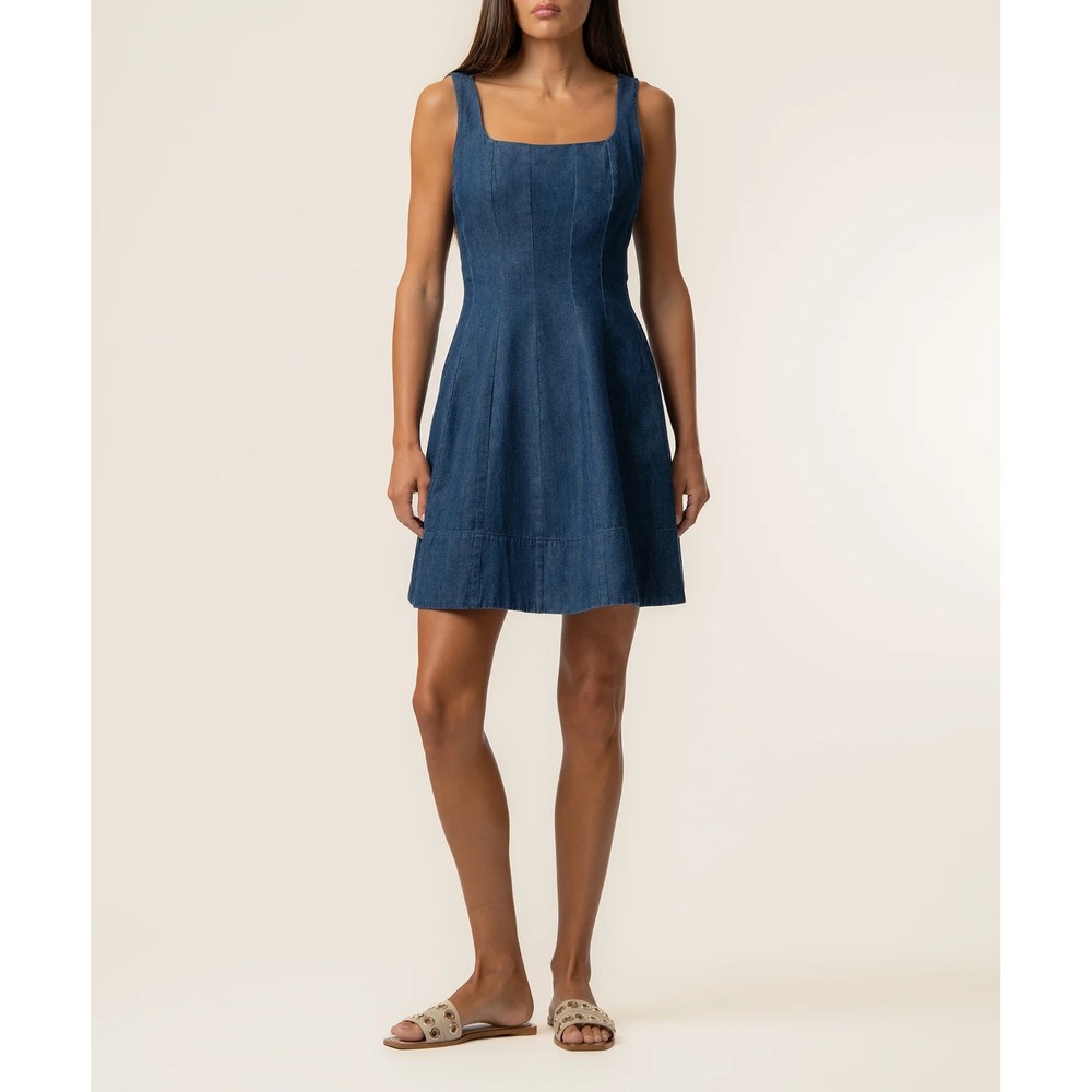 KUT Amelie Denim Dress, Square Neck Fit and Flare Mini Dress with Pockets